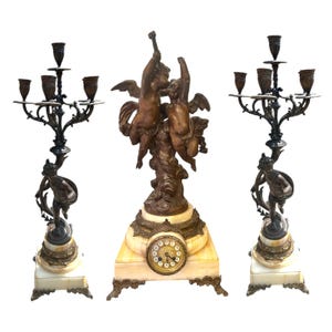 Antique French Louis XVI Style Albert Ernest Carrier Belleuse Figural Clock and 2 Candelabras - Garniture Set