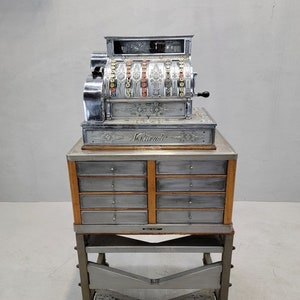Antique National Cash Register on Custom Antique Industrial Self Standing Cash Drawer Tower