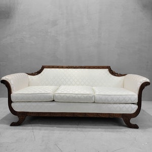 Antique Duncan Phyfe Carved Mahogany Parlor Sofa Upholstered in White Patterned Silk Blend
