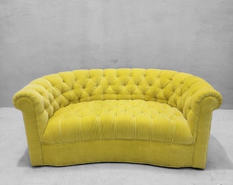 Art Deco Palm Beach Regency Custom Upholstered Plush "Sun Kissed Yellow" Hand Tufted Mohair Curved Sofa