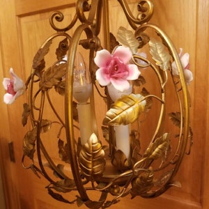 Vintage  Hollywood Regency Italian Gilt Floral Birdcage Chandelier with Porcelain Flowers