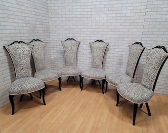 French Art Deco Dining Chairs Black Wood Frame and Black and White