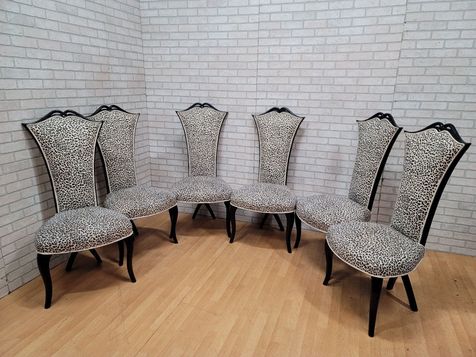 Late 19th C French Louis XVI Style Reupholstered Faux Leather Silk Taffeta  Dining Chairs - Set of 6