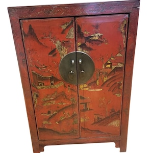 Vintage Shanxi Province Red Lacquer Chinoiserie Cabinet
