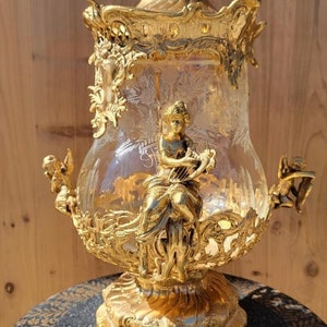 Antique French Gilt Bronze Ormolu Mounted Crystal Punch Bowl and Ladle