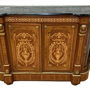 Vintage French Louis XVI Style Inlaid Serpentine Marble Top Credenza