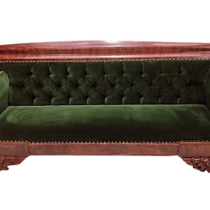 Antique Empire Style Swan Grecian Sofa Newly Upholstered in a Green Velvet
