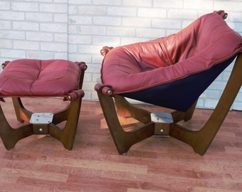 Mid Century Modern Odd Knutsen Luna Lounge Chair and Ottoman Burgundy Leather - 2 Piece Set