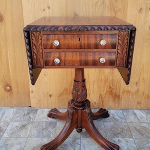 Antique Empire Carved Flame Mahogany Drop Leaf Sewing Work/Side Table