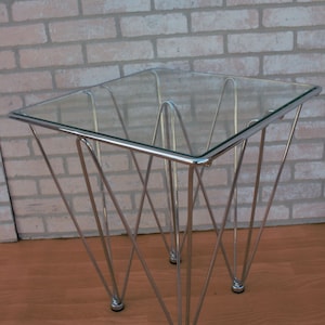 Mid Century Modern Geometric Inverted Pyramidal Chrome Base Glass Top Cocktail Side Table In the Style of Paolo Piva image 1