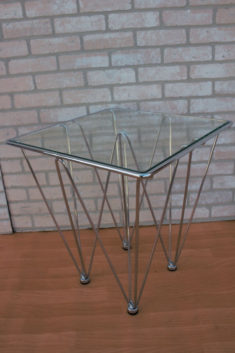 Mid Century Modern Geometric Inverted Pyramidal Chrome Base Glass Top Cocktail Side Table In the Style of Paolo Piva image 1