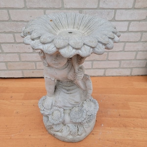 Vintage Hiding Angel Girl Under Sunflower Birdbath