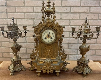 Antique Art Nouveau Brass Ornate Mantle Clock and 2 Candelabras - Garniture Set