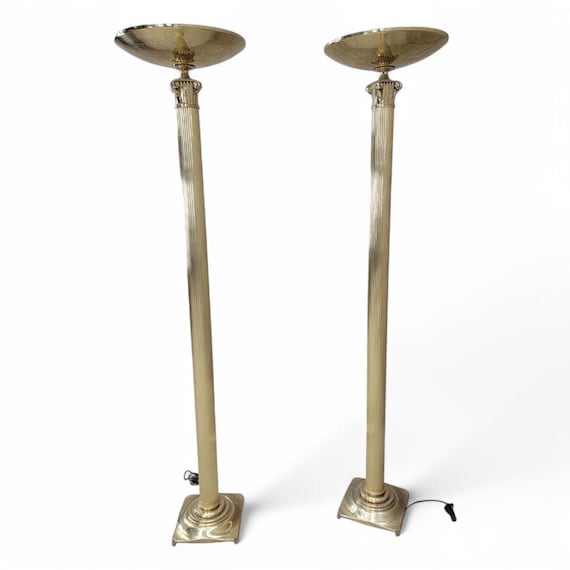 Art Deco Rembrandt Brass Corinthian Column Torchiere Floor Lamp - Pair
