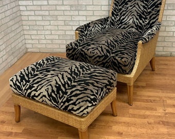 Vintage McGuire Rattan and Wicker Umbria Lounge Chair with Ottoman Newly Upholstered in Velvet - 2 Piece Set