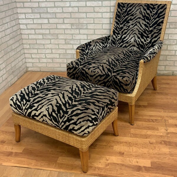 Vintage McGuire Rattan and Wicker Umbria Lounge Chair with Ottoman Newly Upholstered in Velvet - 2 Piece Set