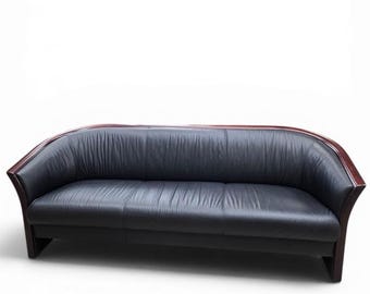 Vintage Ekornes Scandinavian Modern Black Leather Sofa with Rosewood Accents