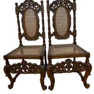 Antique Renaissance Revival Carved Ornate Oak Cane Throne Chairs - Pair