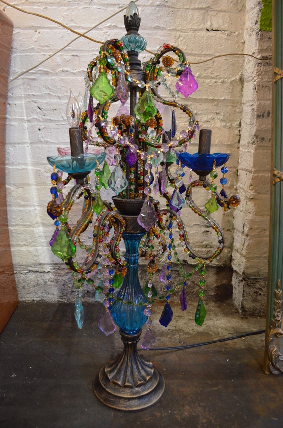 Multi Colored Bohemian Jeweled Crystal Candelabra Gypsy Style Table Lamp