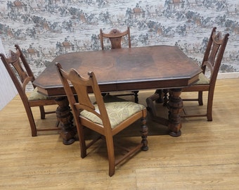 Vintage American Hardwood Dining Table and Chairs - Set of 5