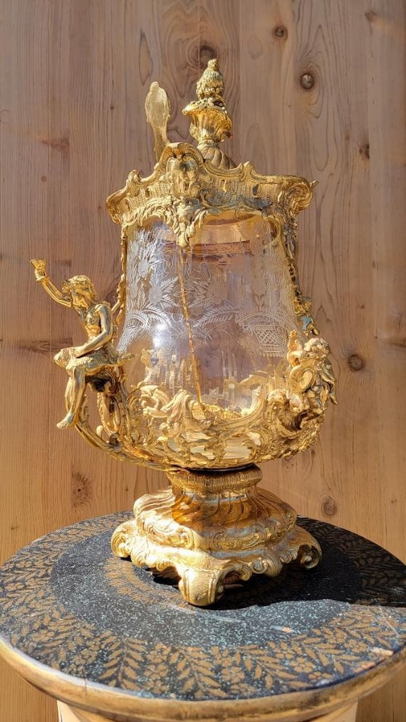 Antique French Gilt Bronze Ormolu Mounted Crystal Punch Bowl and