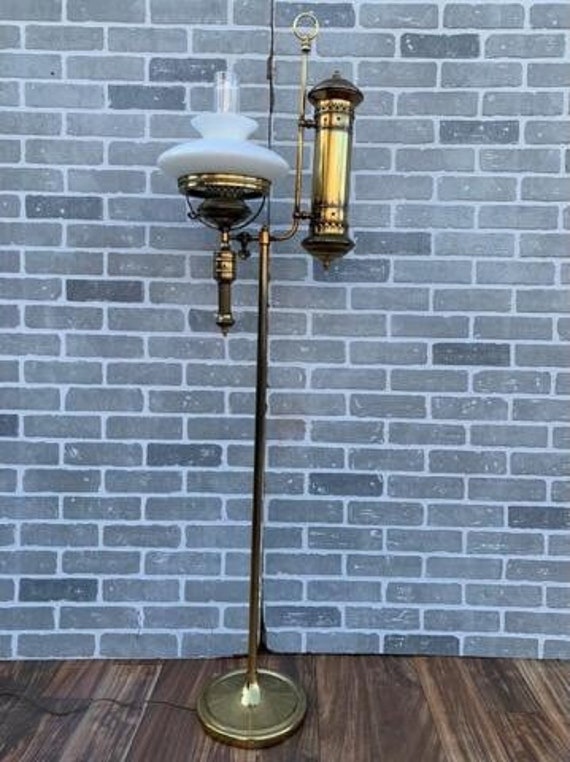 Antique Victorian Brass Electrified Kerosene Floor Lamp With a Milk Glass  Shade -  Israel
