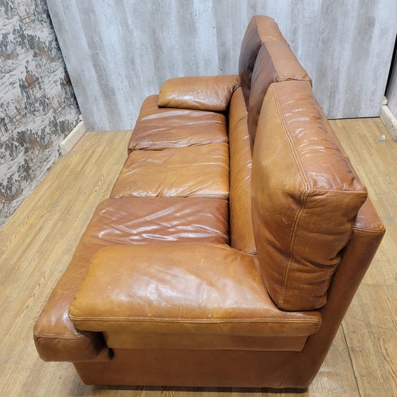 Vintage Italian Distressed Cognac Leather 3 Seat Sofa Etsy UK