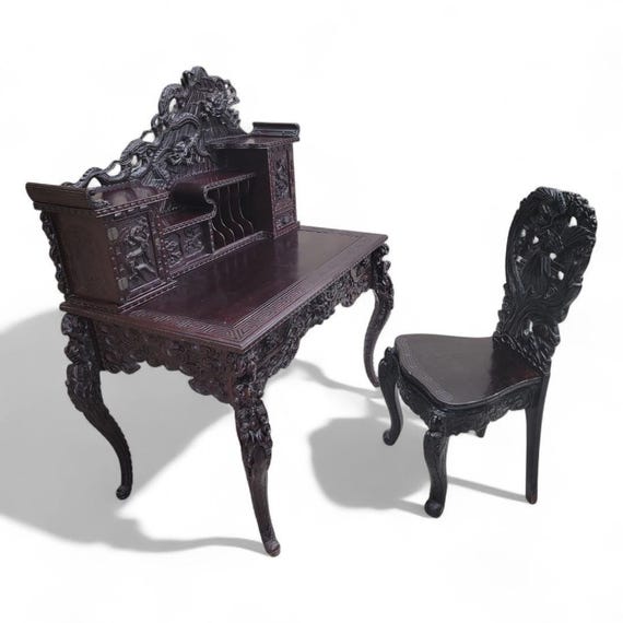 Antique Carved Ornate Japanese Export Hard Rosewood Writing Desk