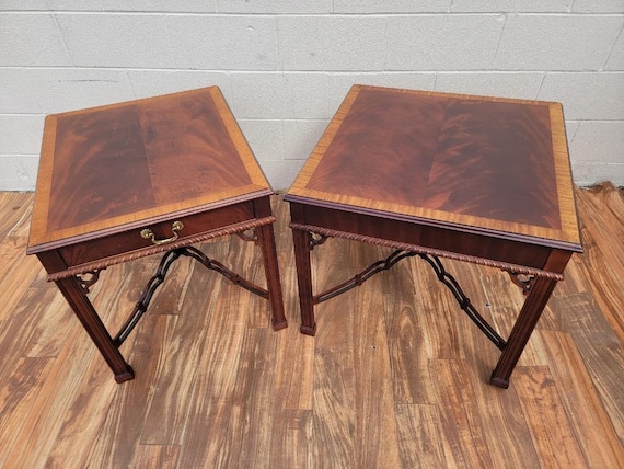 Vintage Chippendale Style Flame Mahogany Side Tables by Drexel