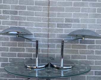 Mid Century Modern Chrome Space Age Flying Saucer Style Table Lamp - Pair