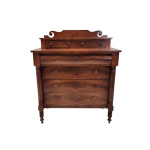 Antique American Empire Flame Mahogany Step Back Chest of Drawers