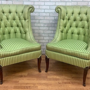Vintage Queen Anne Style Rolled Back Tufted Wingback Chairs - Pair