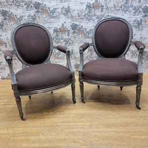 Antique French Louis XVI Style Carved Silver Gilt Framed Fauteuil Chairs - Pair