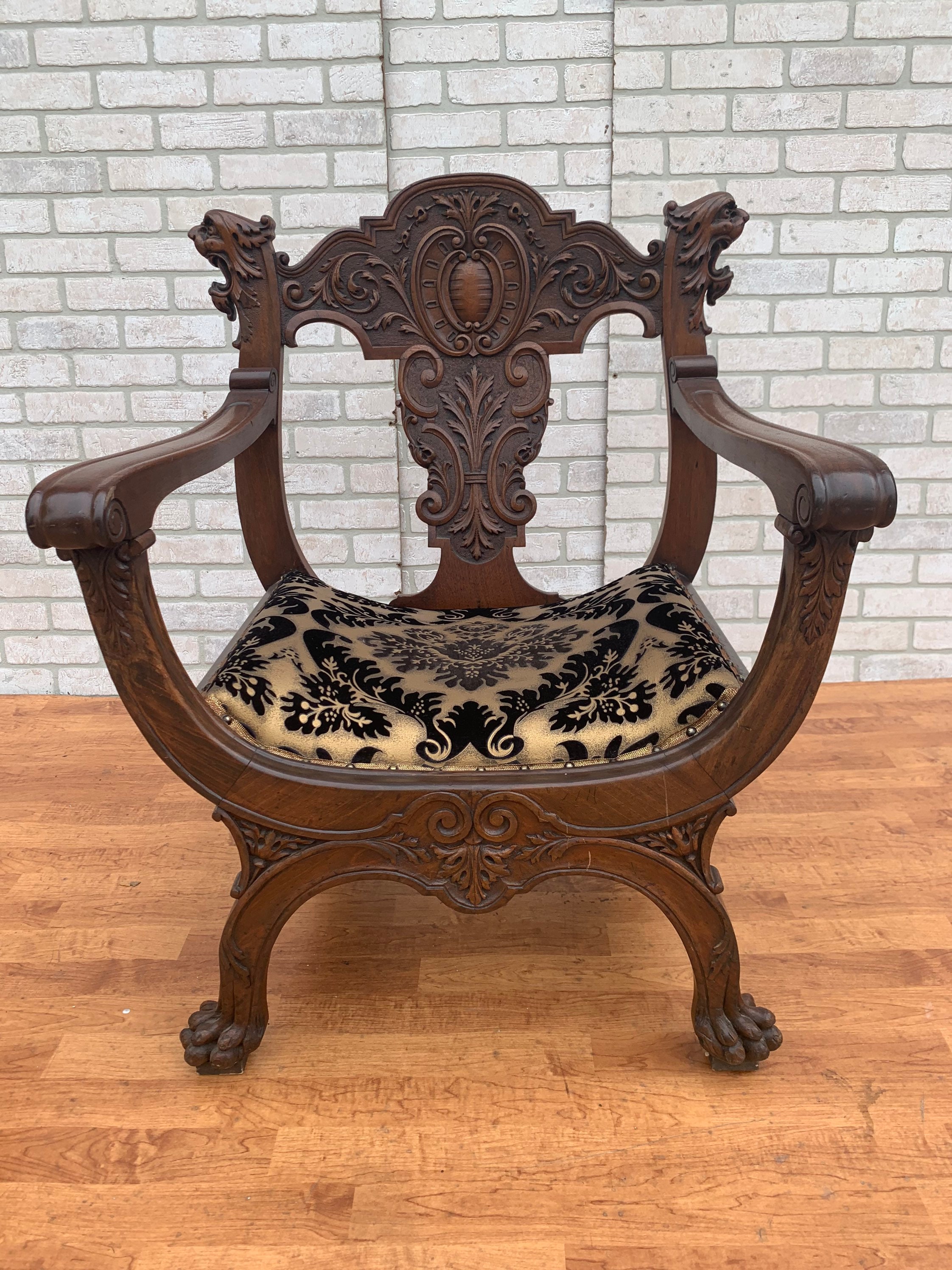  Antique Carved Wood Side Chair BIGMAII Fabric