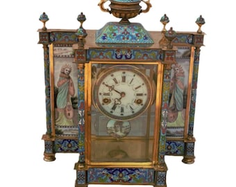 Vintage Chinese Cloisonné Enamel Wind Up 7 Day Chiming Clock