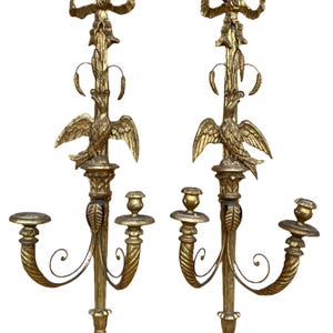 Antique Italian Federal Style Figural Carved Gold Gilded Candle Wall Sconce - Pair