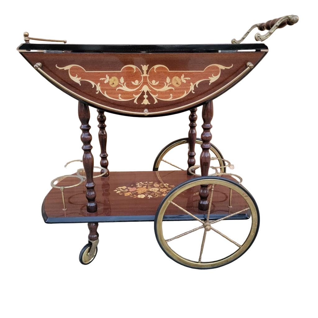 Vintage Italian Marquetry Two Tier Drop-leaf Bar Cart