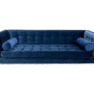 Mid Century Modern Tufted Sofa on Chrome Base by Knoll Newly Upholstered Blue Velvet