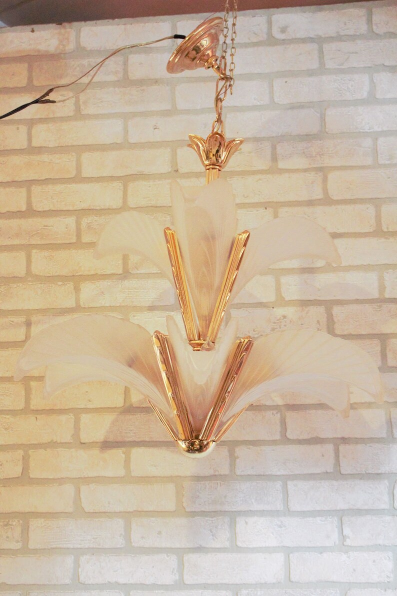 Art Deco Italian Murano Glass and Brass Palm Tree Leaf Two Tier Chandelier