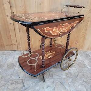 Vintage Italian Marquetry Two Tier Drop-Leaf Dessert/Bar Cart Trolley