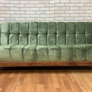 Mid Century Modern Adrian Pearsall Style Gondola Sofa Newly Upholstered in Box Tufted Green Shag Fabric