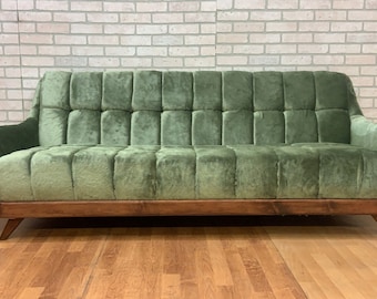 Mid Century Modern Adrian Pearsall Style Gondola Sofa Newly Upholstered in Box Tufted Green Shag Fabric