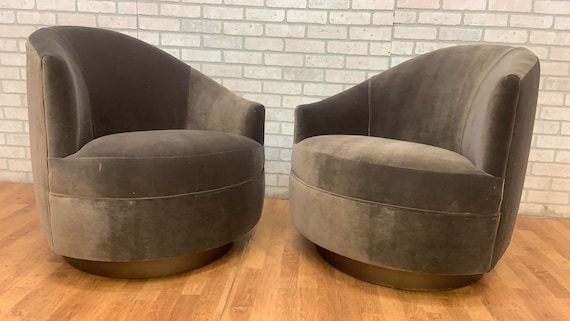 Postmodern Asymmetrical Barrel Back Swivel Chairs Newly Reupholstered in Grey Velvet on a Bronze Base Etsy UK