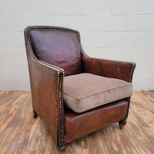 French Art Deco Distressed Leather Lounge Chair