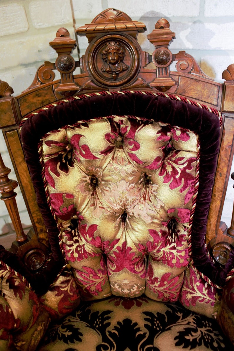 Victorian Renaissance Revival John Jelliff Carved Bergere Chairs Newly Upholstered Pair image 6