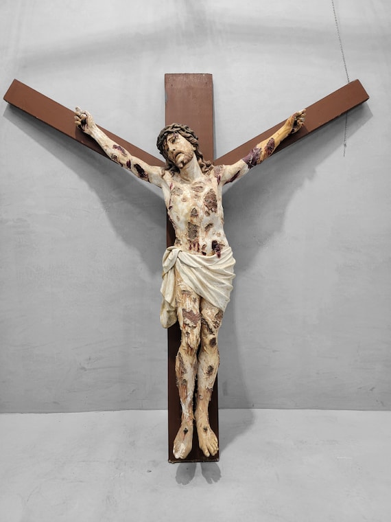 Vintage Finely Carved Massive Crucifix Salvaged From Catholic