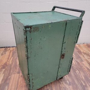 Vintage Industrial Green Metal 2 Door Steel Mobile Storage Cart on Casters
