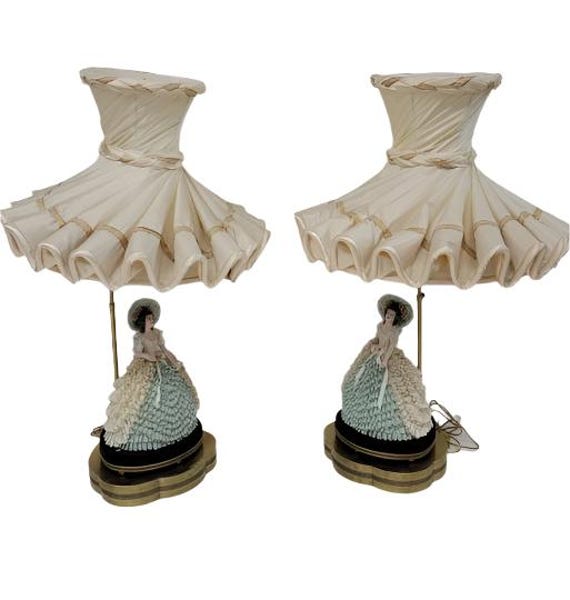 Antique Victorian Dresden Boudoir Lamps - Pair