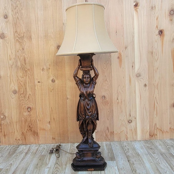 Antique Hand Carved Walnut Figural Lamp With Shade Etsy Australia