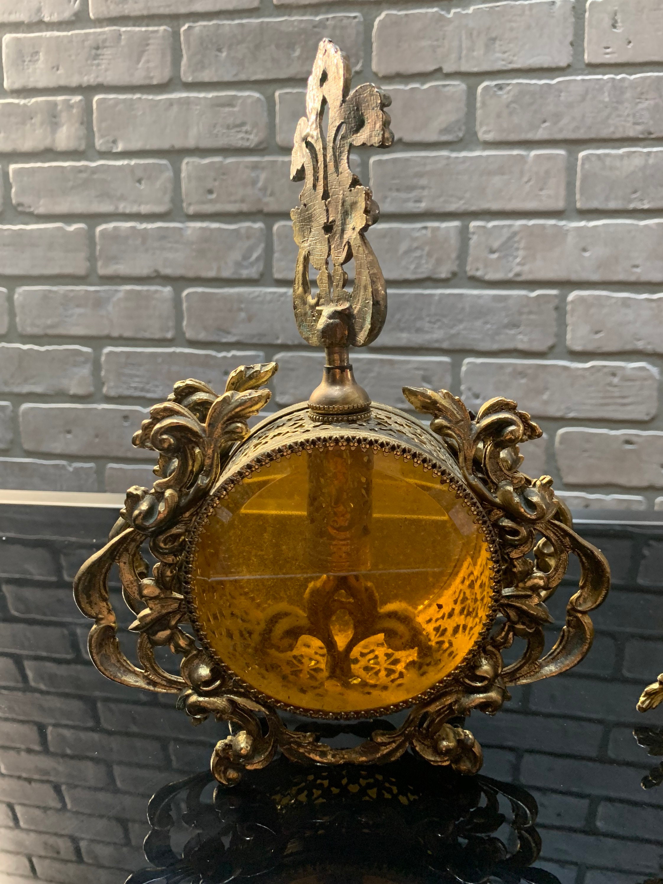 Hollywood Regency Ornate Gold Ormolu Perfume Bottle with Dauber